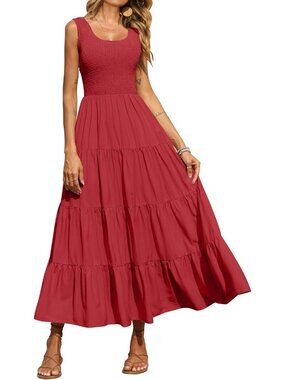 Women's Dress Maxi Red Polyester Scoop Neck Short Vacation Casual Summer